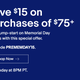 $15 off $75 purchases, promo code PREMEMDAY15
